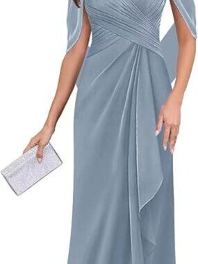 Long Mermaid Ruched Chiffon Lace Formal Evening Gown with Cape
